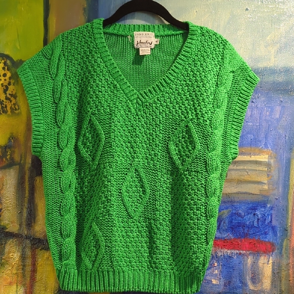 VTG Jo Hardin Origional Drop Shoulder Sleeveless Green Hand Knit Sweater